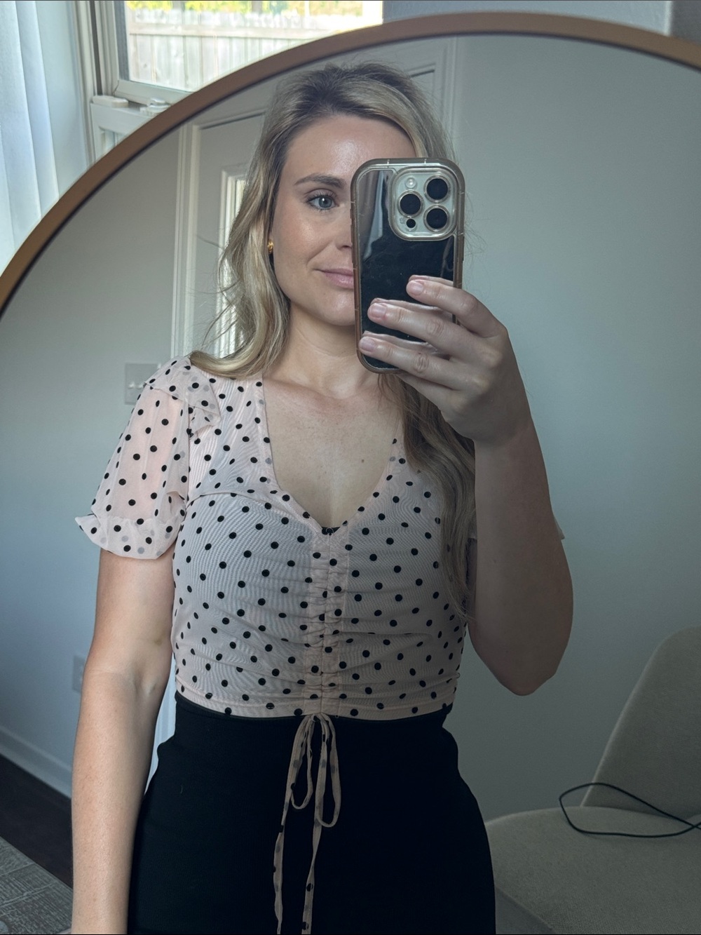 LE LIS Polka Dot Sheer Puff Sleeve Top - Peachy Tone Cream and Black - Picture 7 of 14